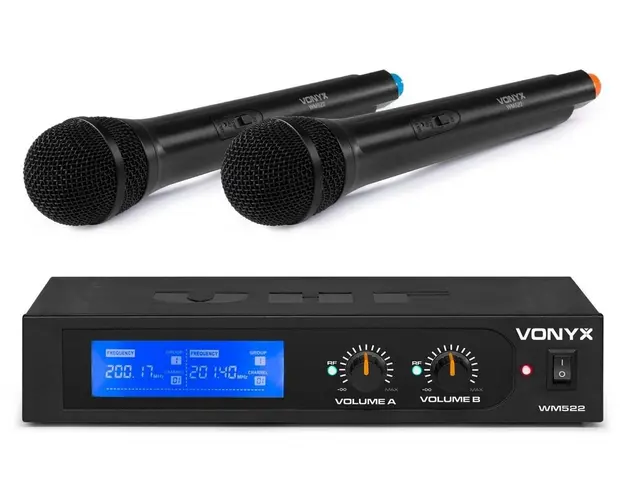 Set 2 microfoane wireless cu receptor VHF Vonyx WM522, Jack 6.3mm, geanta de transport