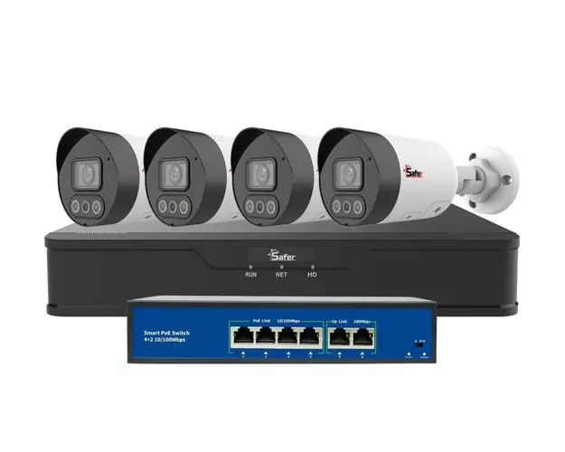 Kit de supraveghere IP, 4 camere exterior 4MP 2K, 2.8mm, IR si LED 30 metri si NVR 4 canale, PoE, KITIP-4X-4MP2830-A