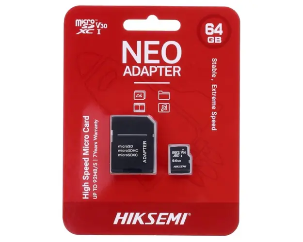 Card stocare video Micro SD 64GB -V30, cu Adaptor - 92Mb/s, HikSemi by Hikvision HS-TF-C1STD-64G-A
