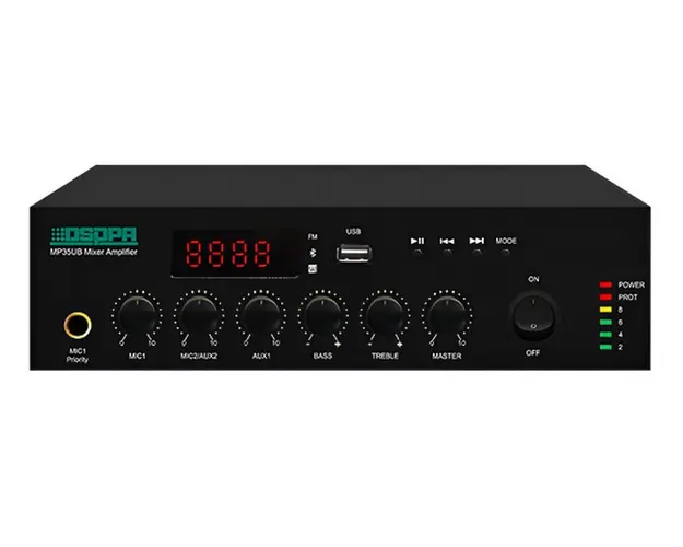 Amplificator cu mixer 100V-35W, cu BT, FM, USB, 3 AUX, 2 MIC, 4-16 Ohmi, DSPPA MP35UB