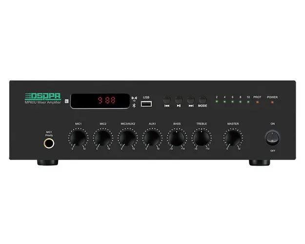 Amplificator cu mixer PA DSPPA MP60U, 60W, 100V, impedanta 4-16 ohmi, 6 canale, 3 MIC, 2 AUX, cu USB, FM si Bluetooth 