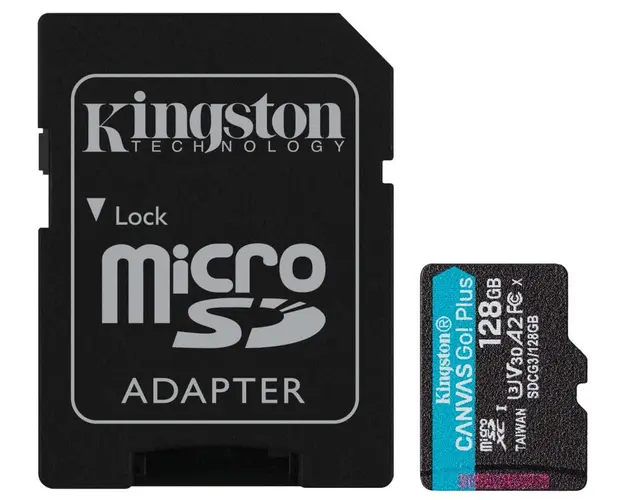 Card memorie microSD 128GB pentru supraveghere video, Kingston CANVAS GO Plus, 170 Mbps, cu adaptor, U3, V30, SDCG3/128GB