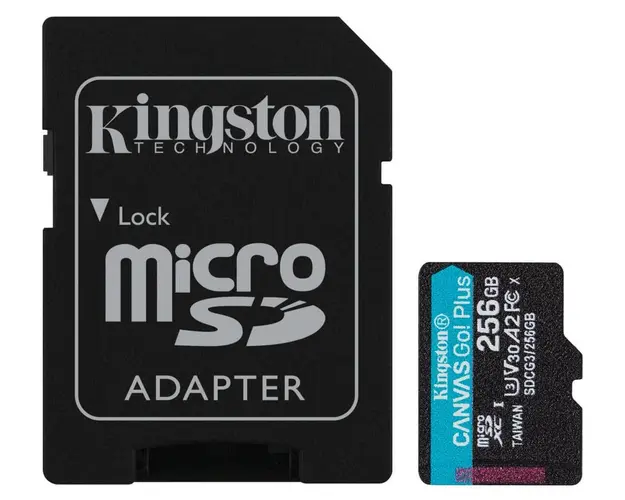 Card memorie microSD 256GB pentru supraveghere video, Kingston CANVAS GO Plus, U3, V30, 170 Mbps, cu adaptor, SDCG3/256GB