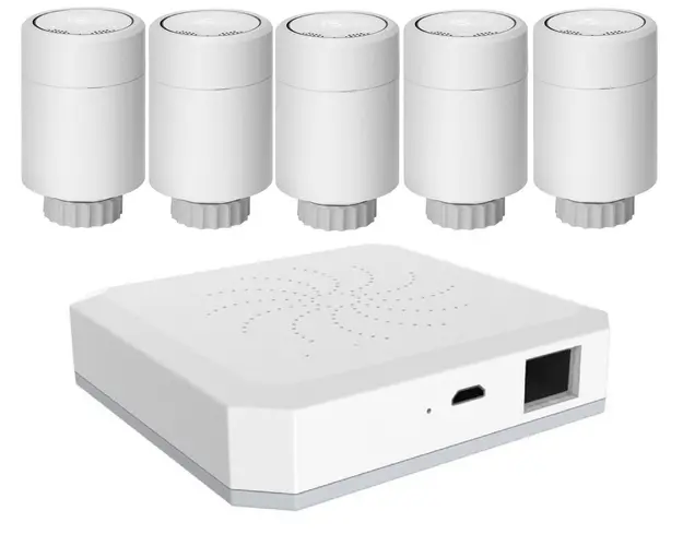 Set SMART HEAT Safer, termostat si electrovalva pentru 5 radiatoare, comunicare Zigbee prin Tuya APP