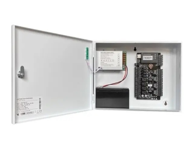 Centrala de control acces si pontaj pentru o usa bidirectionala cu cabinet metalic CCA3-1-2+CAB4-PS5-WH