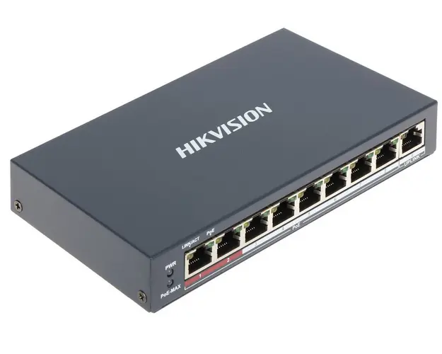 Switch PoE 8 porturi Hikvision DS-3E0109P-E(C), Fast Ethernet, 1 port RJ45 10/100Mbps, transmisie pana la 300m, pentru supraveghere video