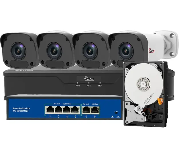 Sistem de supraveghere cu 4 camere IP Full HD, Smart IR 30m, NVR 4 canale + HDD 1TB, Switch PoE, KITIP4EXTFHD