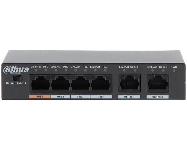 Switch PoE 6 canale, 4x porturi PoE 10/100 Mbps + 2x porturi Gigabit, Hi-PoE, putere maxima 60W, Dahua PFS3006-4GT-60-V2
