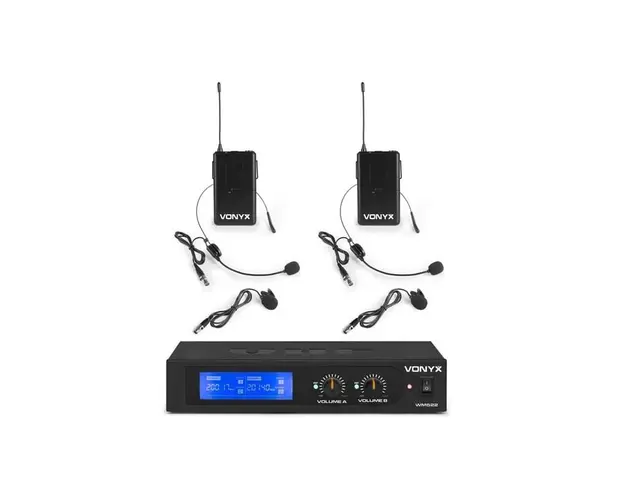 Set 2 microfoane si lavaliera VHF, 2 canale, jack 6.3mm, baterii 2x AA, carcasa plastic, Vonyx WM522B