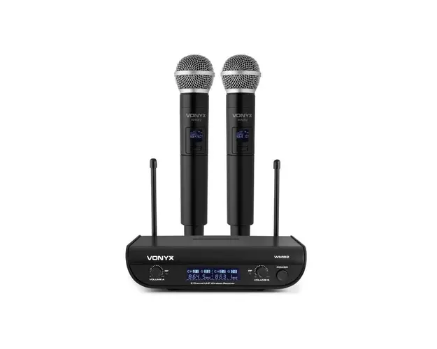 Set 2 microfoane wireless si receptor UHF, 2 canale, jack 6.35mm, Vonyx WM82