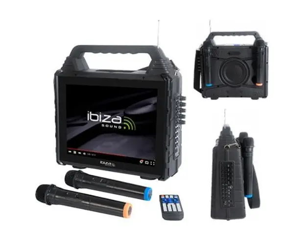 Set complet pentru Karaoke portabil, monitor de 14 inch, Boxa si 2 Microfoane, Bluetooth, USB, FM, Acumulator, 150W, Ibiza Sound KARAVISION