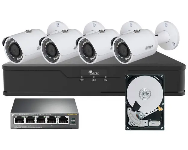 Kit de supraveghere exterior 4 camere IP, FullHD, IR 30m, PoE, Dahua, NVR 4 canale, KITPOEFHDEXT