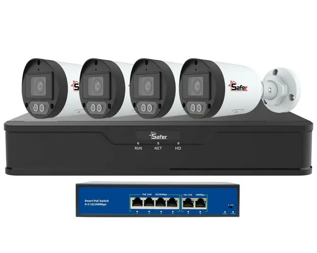Kit de supraveghere IP, 4 camere exterior 2MP, 2.8mm, LED alb 30 m si NVR 4 canale, PoE, KITIP-4X-2MP2830POE