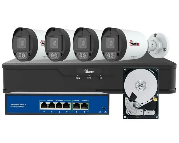 Kit de supraveghere IP, 4 camere exterior 2MP, 2.8mm, LED alb 30 metri si NVR 4 canale, HDD, KITIP-4X-2MP2830POEHDD