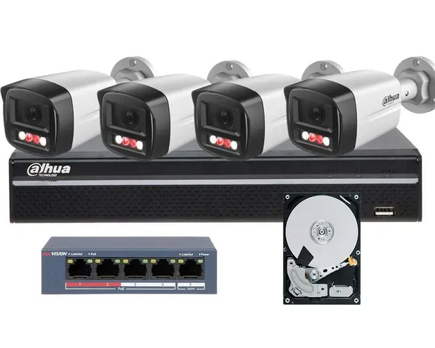Kit de supraveghere IP 4 camere exterior 4MP, Iluminare Duala IR si LED alb 30 metri si NVR 4 canale, KITPOE2MPEXT
