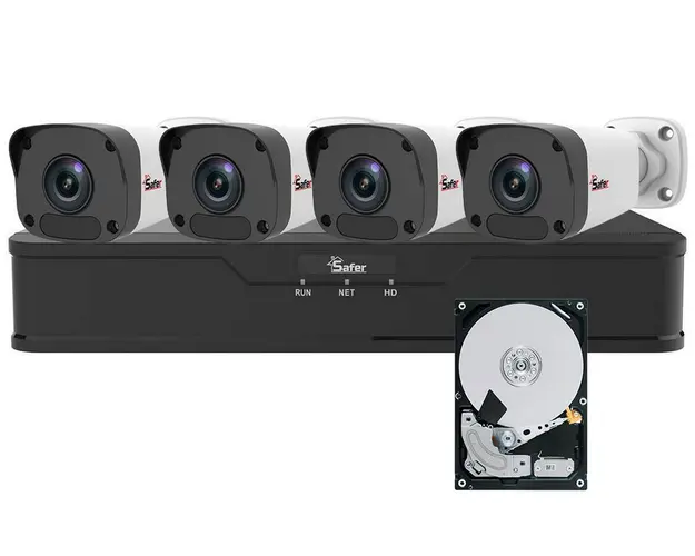 Kit de supraveghere IP PoE, 4 camere de exterior 4MP 2K, lentila 2.8mm, IR 30m, NVR 8 canale, Safer KITSAF4MPEXT