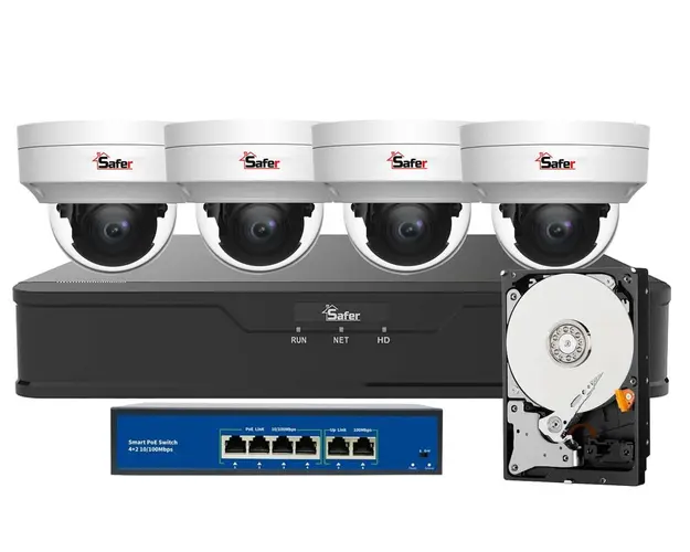 Kit de supraveghere IP SAFER, 4 camere dome 2K 4MP, IR 30M, PoE, NVR 4 canale 8MP, HDD 2TB, SAF-4X2MPINT-POE-ST