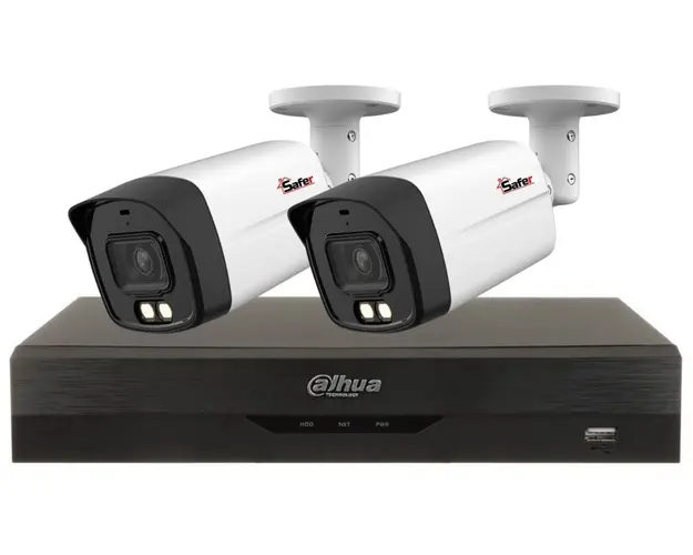 Kit de supraveghere pentru exterior, 2 camere 8MP, LED Alb 40m si DVR 4 canale, Dahua KITSAF2X-5MP80F36-A