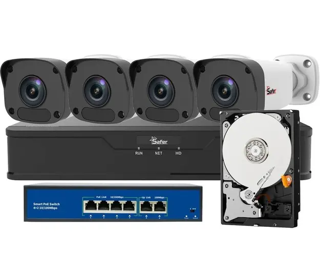 Kit de supraveghere Safer, 4 camere, 4MP 2K, PoE, NVR 4 canale, HDD 1TB, SAF-4X2MPLED-POE-1TB