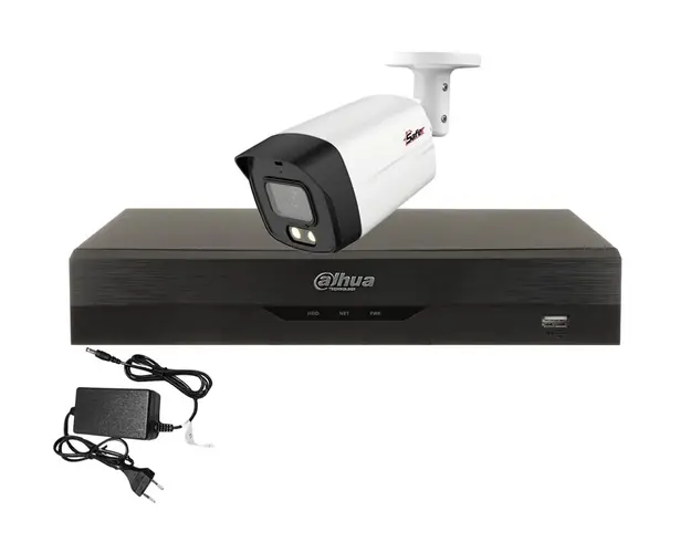 Kit de supraveghere video de exterior, 1 camera 5 MP, LED alb 40 m, DVR 4 canale, Dahua, KITSAF-1X-5MP28I40