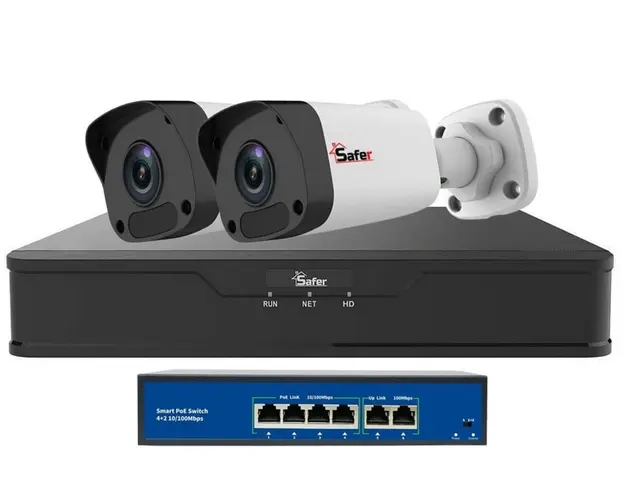 Kit de supraveghere video IP de exterior, 2 camere 4 MP, IR 30 m, NVR 4 canale, PoE, Safer KITIP-2X-4MP420