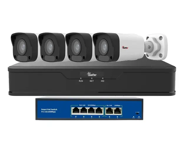 Kit de supraveghere video IP de exterior, 4 camere 2 MP, IR 30 m, NVR 4 canale, Safer, KITIP-4X-2MP2830