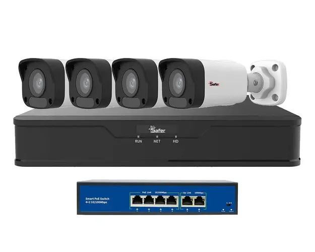 Kit de supraveghere video IP de exterior, 4 camere 2 MP, IR 30 m, NVR 4 canale, PoE, Safer, KITIP-4X-2MP2830POE-2