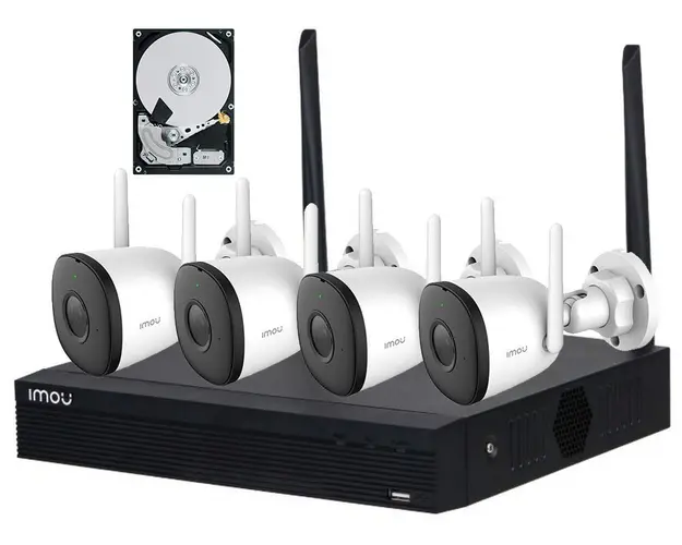 Kit camere supraveghere exterior, 2MP Full HD, Conexiune Wireless, 4 camere Imou, IR 30m, Microfon, MicroSD, NVR, HDD 1TB, KIT/NVR1104HSS2-CE-1T