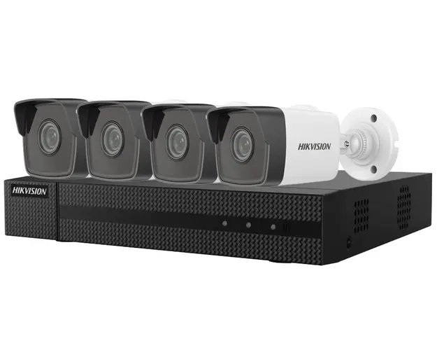 Kit supraveghere video, IP, NVR cu 4 camere tip bullet, smart IR 30m, Hikvision KIT4EXT30IRHIK