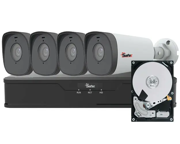 Kit supraveghere IP Safer, 4 camere exterior Full HD, IR 80m, 4 mm, NVR 8 canale PoE 8MP, Audio, KITIP-4X-2MP480HDD-A