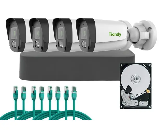 Kit supraveghere complet exterior Trilight Tiandy PoE, 4MP, Audio, Iluminare suplimentara IR 50m, MicroSD, Kit-Tia4MPEPOEF