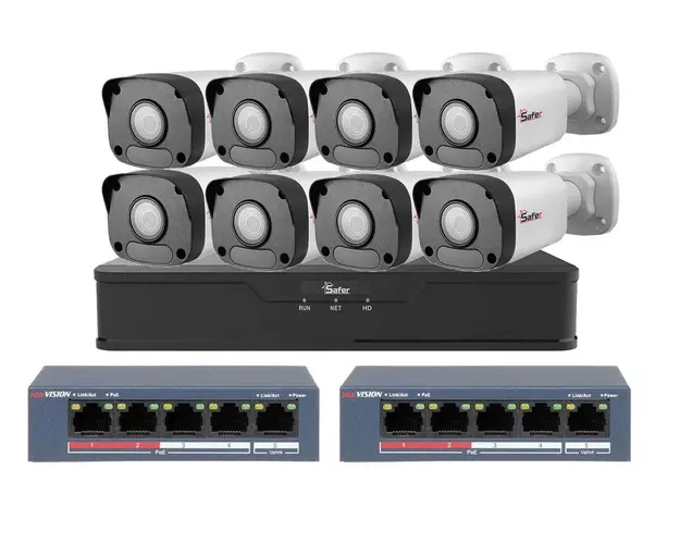 Kit supraveghere IP Safer 8 camere exterior 5MP, Iluminare IR 30m, SAF-KITIPC8EXTP-POE