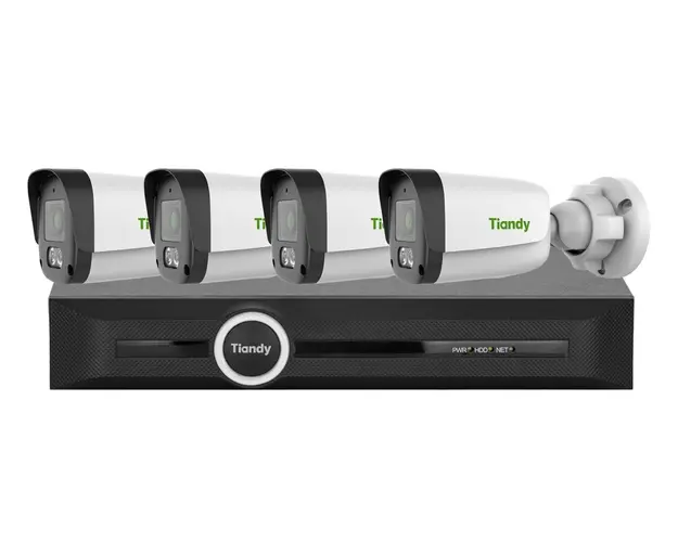 Kit supraveghere IP exterior Tiandy Color Maker, 4x camere FULL HD, Iluminare LED alb 15m, Audio, NVR 5 canale, KIT-TN2MPCMK