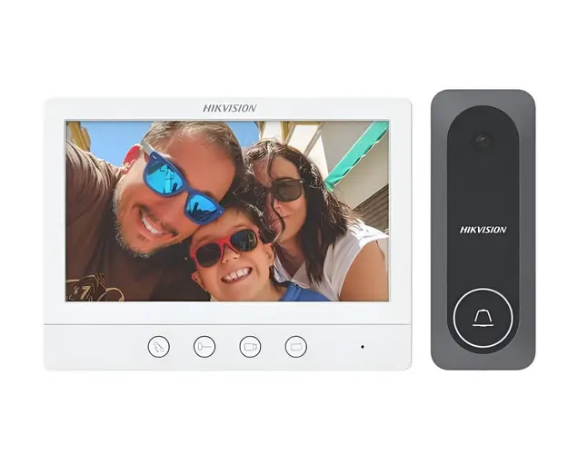 Kit videointerfon analogic Hikvision DS-KIS212, 4 fire, FULL HD 2MP, IR 3m, ecran 7 inch TFT, montaj aparent, plug and play