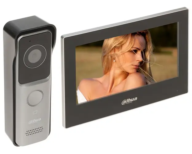 Kit videointerfon Dahua IP, 2 MP, Wi-Fi, PoE, mifare 13.56 MHz, MicroSD, H.265, monitor 7" TFT, H.265, KTW02