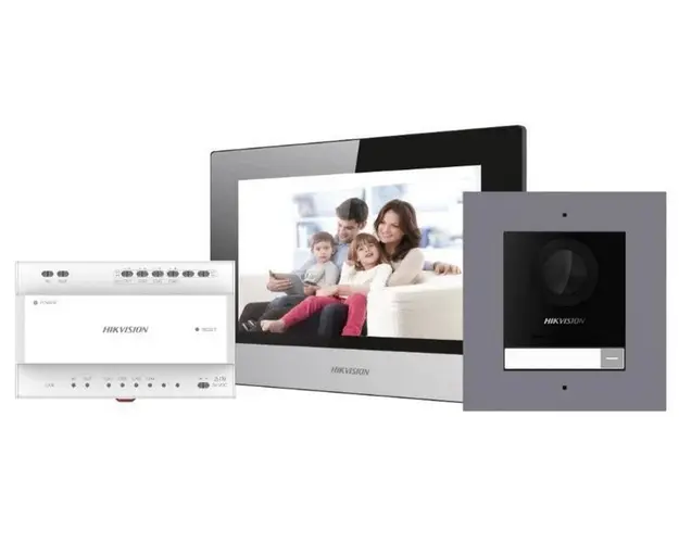 Kit Videointerfon IP Hikvision, 2 Fire, Pentru 1 familie, Vizualizare si raspuns de pe mobil, Wi-Fi DS-KIS702Y