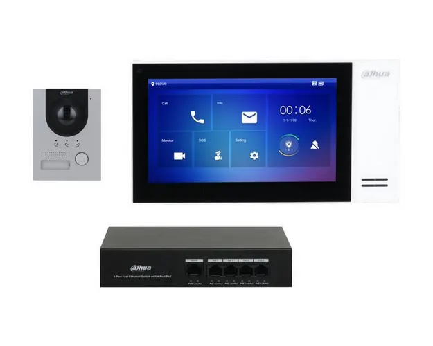 Kit videointerfon IP si switch PoE, 2 MP, 7 inch, IR, PoE, montaj ingropat, MicroSD, Dahua, KTP01-S2(S)