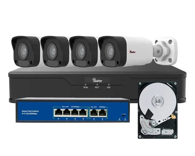 Kit de supraveghere video IP de exterior, 4 camere 2MP, IR 30 m, NVR 4 canale, PoE, HDD 1TB, Safer, KITIP-4X-2MP2830HDDPOE
