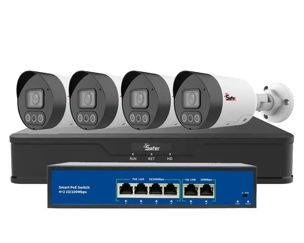 Kit de supraveghere IP, 4 camere exterior 4MP 2K, 2.8mm, IR si LED 30 metri si NVR 4 canale, KITIP-4X-4MP2830POE-A