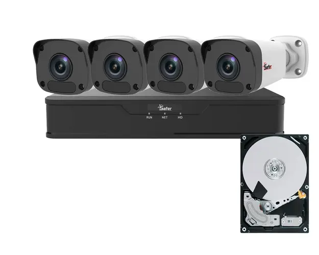 Kit de supraveghere video IP de exterior, 4 camere 4 MP, IR 30 m, NVR 8x PoE, HDD (hard disk inclus), Safer, KITIP-4X-4MP420HDD