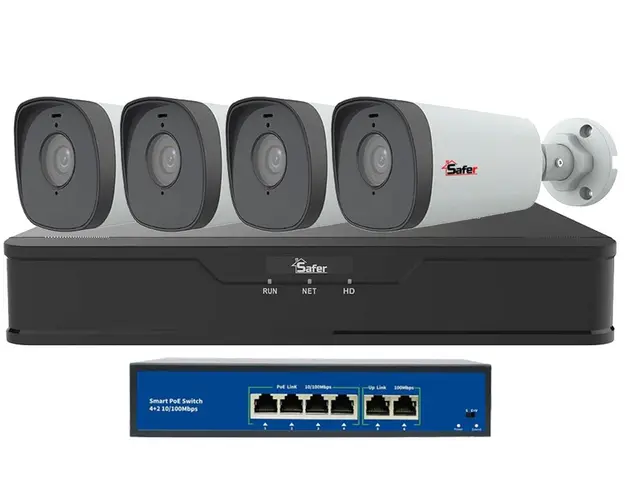 Kit supraveghere video IP, 4x camere 2MP FULL HD, IR 80m, NVR 4 canale, Audio, PoE, Safer KITIP-4X-2MP480-A