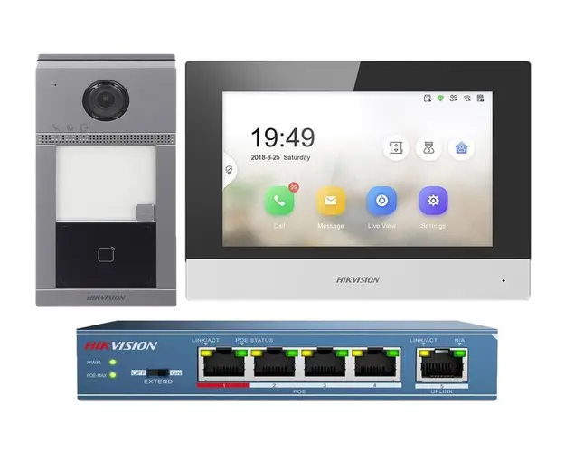 Kit videointerfon IP Hikvision, o familie, FULL HD, PoE, montaj aparent, card 32 GB DS-KIS604-S-KIT