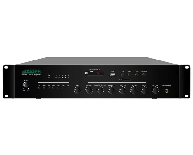 Amplificator cu mixer PA DSPPA 60W, 100V, 6 canale, 3 AUX, 2 MIC, USB, SD, Tuner, MP260U