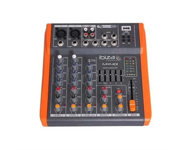 Mixer audio 4 canale, cu egalizator, port USB, Ibiza Sound, MX401 