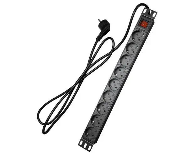 Priza rackabila cu 9 posturi SCHUKO cu intrerupator 1U, 250VAC 16A, negru, Safer PDU-9P1U-SWITCH