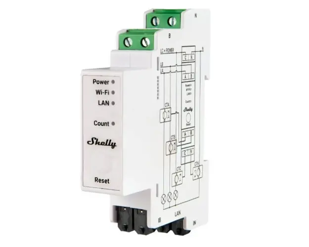 Releu smart WiFi, Shelly PRO 3EM-400A, trifazat, contor consum, 3 canale, 2.4 GHz, sina DIN 
