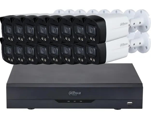 Pachet cu sistem de supraveghere compus din 16 camere cu microfon Dahua Full Color, 5MP, si DVR cu AI, KIT-DAHUA16-5MPLED40