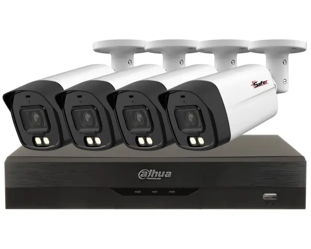 Sistem de supraveghere video 4 camere de exterior 4K, LED Alb 40m, DVR 4 canale Dahua KITSAF-4X-8MP28I20