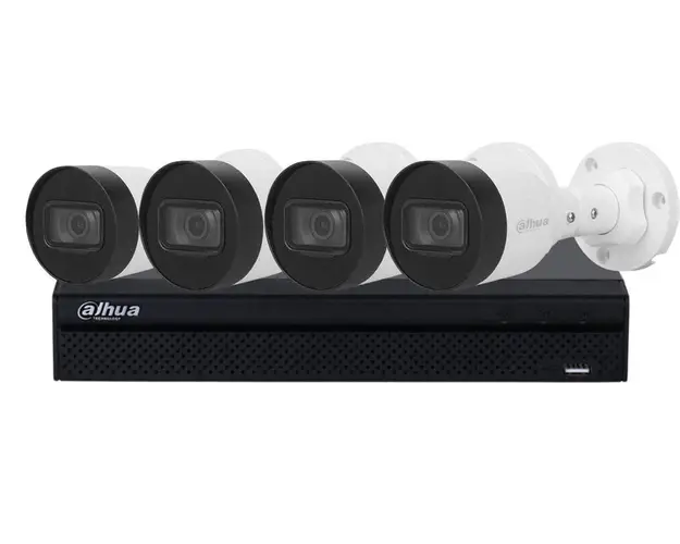 Sistem supraveghere IP cu 4 camere de exterior, 2 MP, PoE, IR 30m, Dahua, KIT4IPEXT2MP