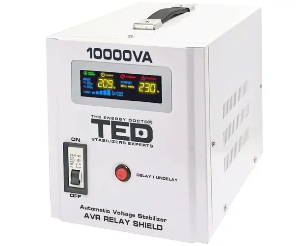 Stabilizator tensiune 10KVA 6000W 230V, TED Electric TED000071, 2 prize Schuko, monofazat, unda sinusoidala pura, ecran LCD